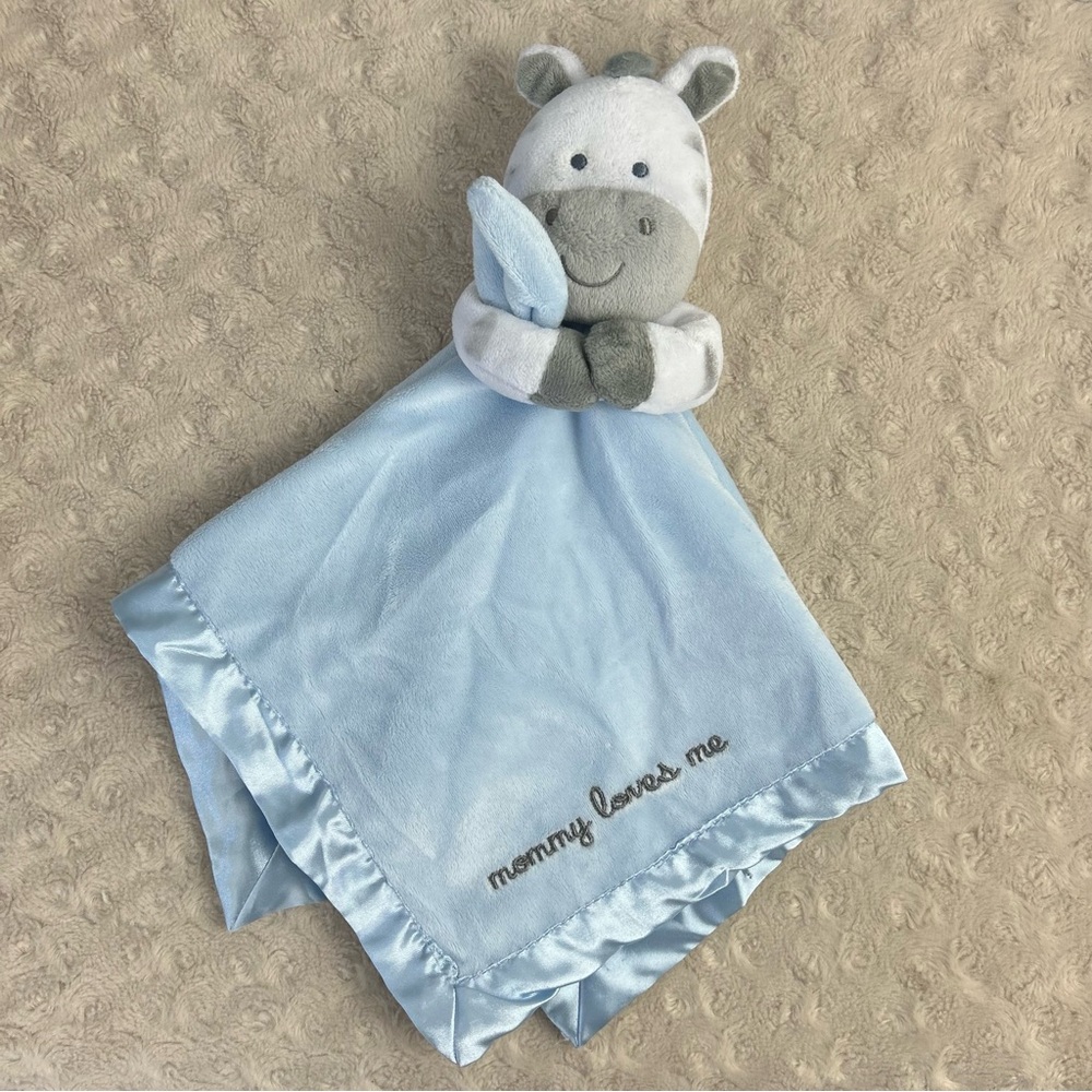 Carter's Mommy Loves Me Zebra Lovey Security Blanket Blue White Gray Rattle